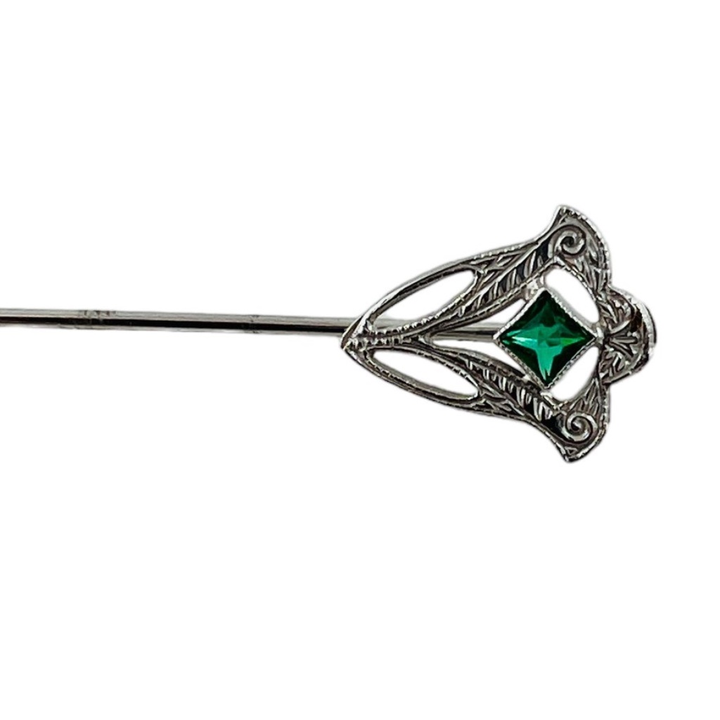 10k White Gold Stick Pin With Green Glass Stone #15688